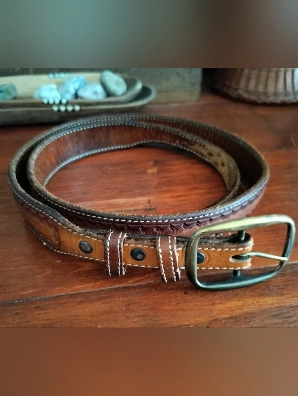 Hand Tooled Leather Western Ranger Belt 36 Aged Honest Wear Strong True Vintage